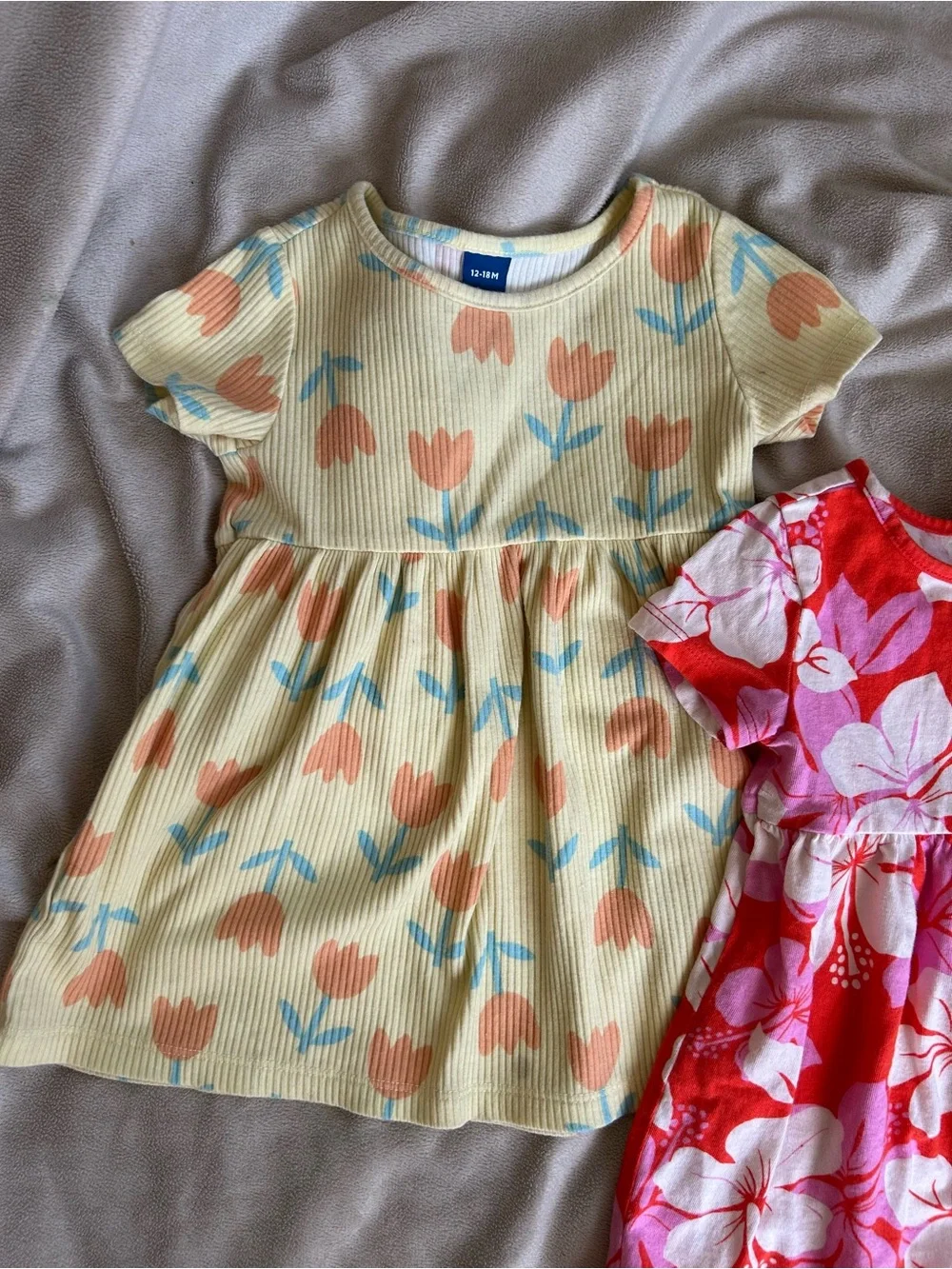 Old Navy Girls Yellow Tulip Ribbed & Pink Floral Short-Sleeve Dresses 12-18 MOS